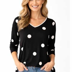 Laura Black and White Polka Dot V-Neck Top